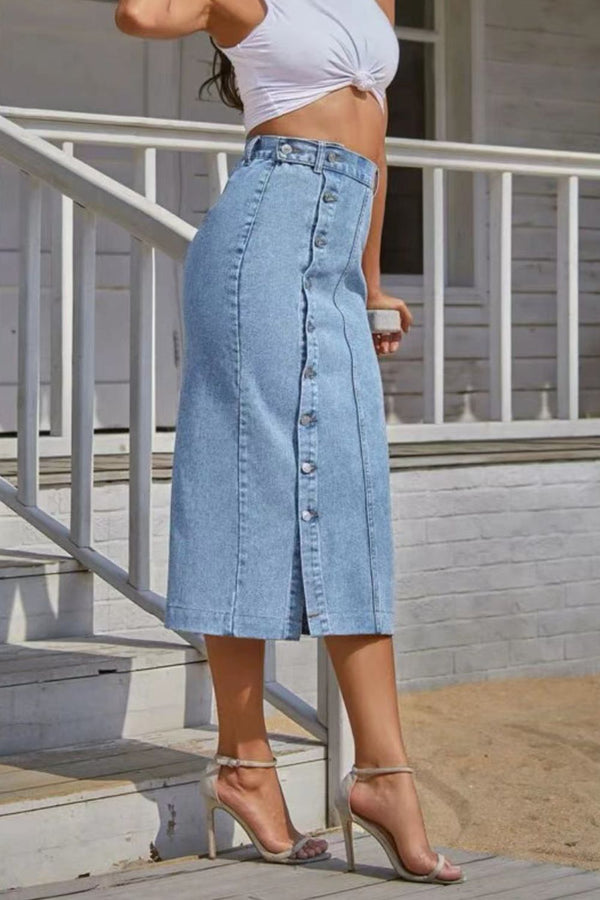 Buttoned Split Denim Skirt-Teresa's Fashionista LLC