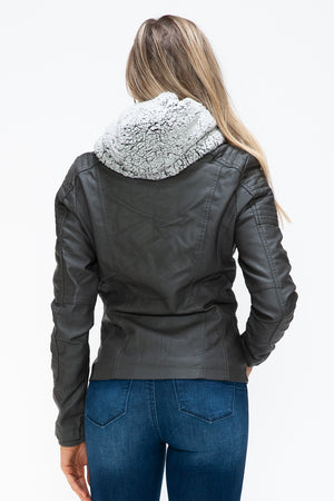 YMI Removable Faux Layered Multi-Pocket Jacket with Fuzzy Hood - Teresa's Fashionista LLC