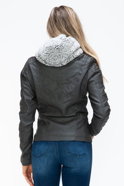 YMI Removable Faux Layered Multi-Pocket Jacket with Fuzzy Hood - Teresa's Fashionista LLC