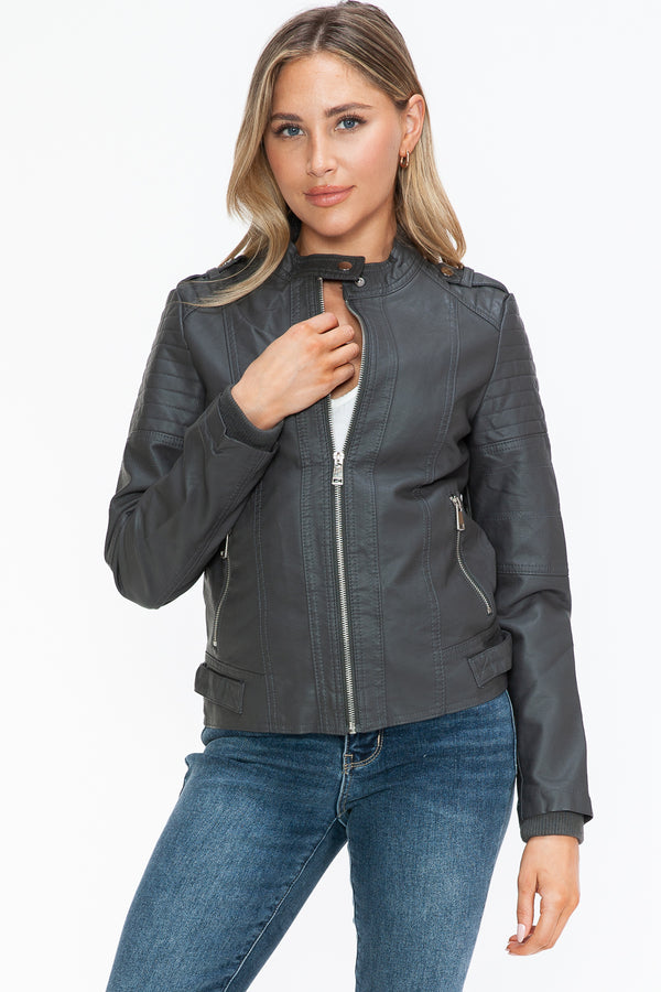 Snobbish PU Leather Biker Jacket with Side Zip Pockets - Teresa's Fashionista LLC