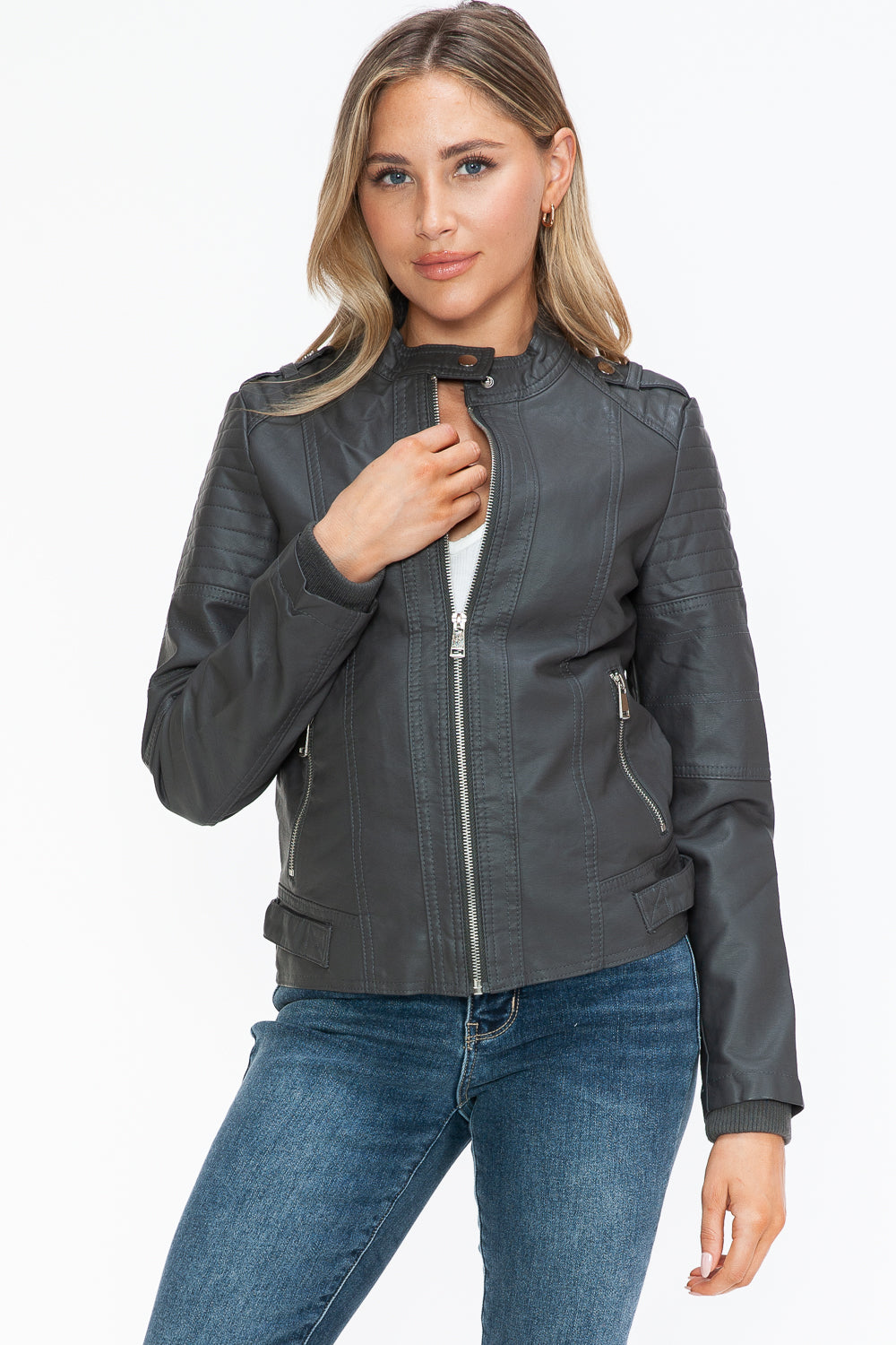 Snobbish PU Leather Biker Jacket with Side Zip Pockets - Teresa's Fashionista LLC