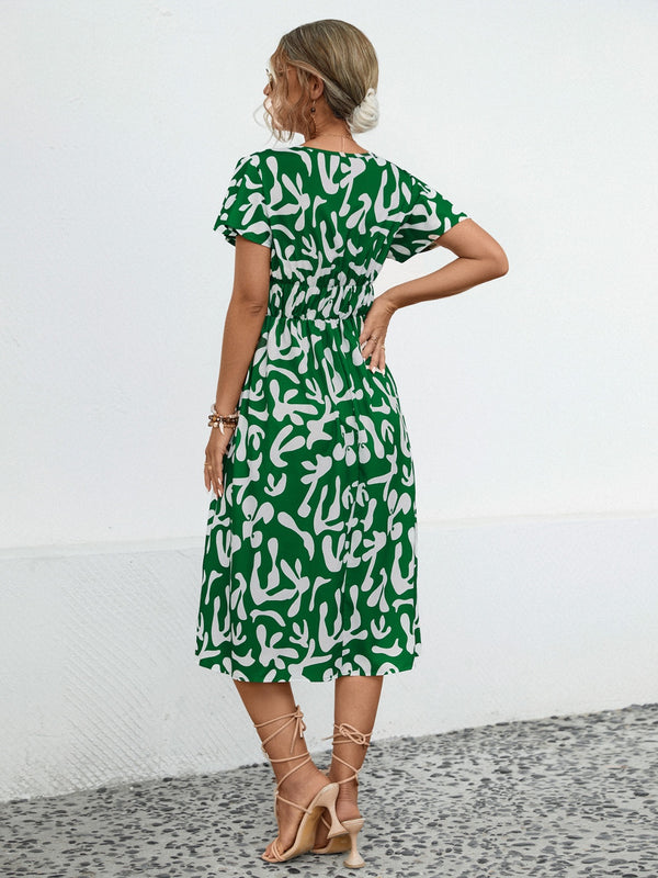 Printed V-Neck Short Sleeve Dress-Teresa's Fashionista LLC