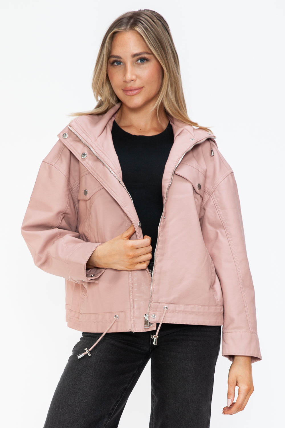 How Dare U Drawstring Hem PU Leather Zip Up Jacket - Teresa's Fashionista LLC