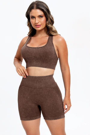 3 Piece Washed Square Neck Wide Strap Active Set-Teresa's Fashionista LLC