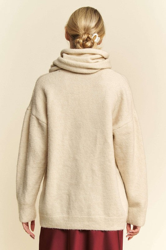 Davi & Dani V-Neck Dropped Shoulder Sweater with Scarf - Teresa's Fashionista LLC