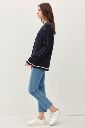 Be Cool Contrast Trim Cable-Knit V-Neck Cardigan - Teresa's Fashionista LLC