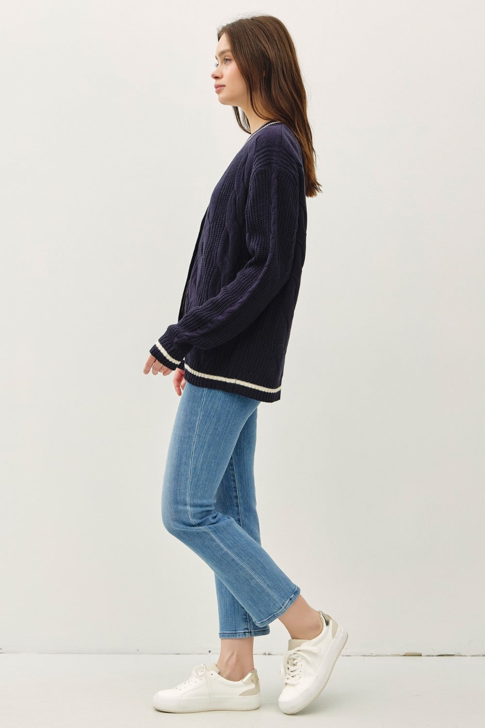 Be Cool Contrast Trim Cable-Knit V-Neck Cardigan - Teresa's Fashionista LLC