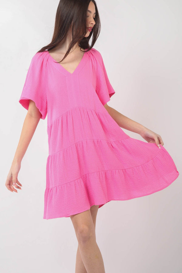 VERY J Texture V-Neck Ruffled Tiered Dress-Teresa's Fashionista LLC