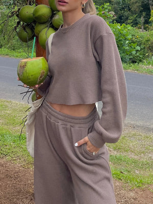 Waffle-Knit Round Neck Top and Pants Set-Teresa's Fashionista LLC