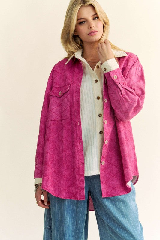 Davi & Dani Curved Hem Diamond Quilted Button Up Denim Shacket - Teresa's Fashionista LLC