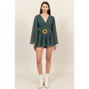 Plunging Neckline Bell Sleeve Romper