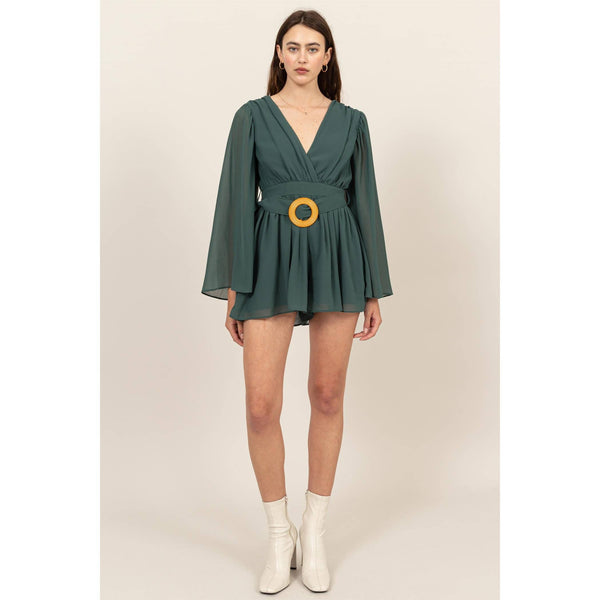 Plunging Neckline Bell Sleeve Romper