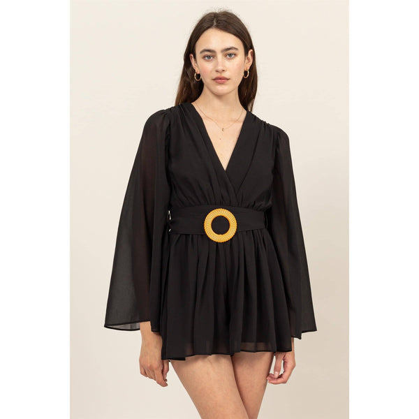 Plunging Neckline Bell Sleeve Romper