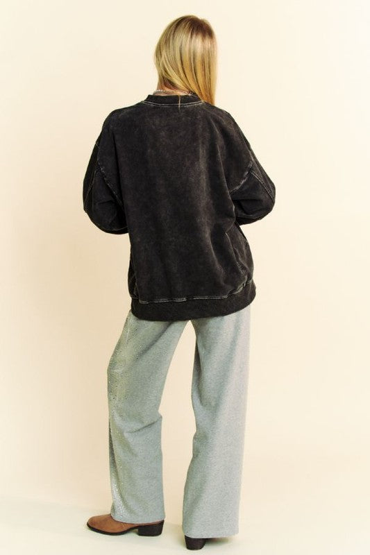 Davi & Dani Stud Star Patch Acid Washed Sweatshirt - Teresa's Fashionista LLC