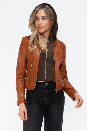 Snobbish Faux Leather Zip Up Drawstring Hooded Jacket - Teresa's Fashionista LLC
