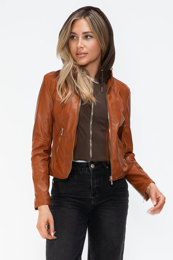 Snobbish Faux Leather Zip Up Drawstring Hooded Jacket - Teresa's Fashionista LLC