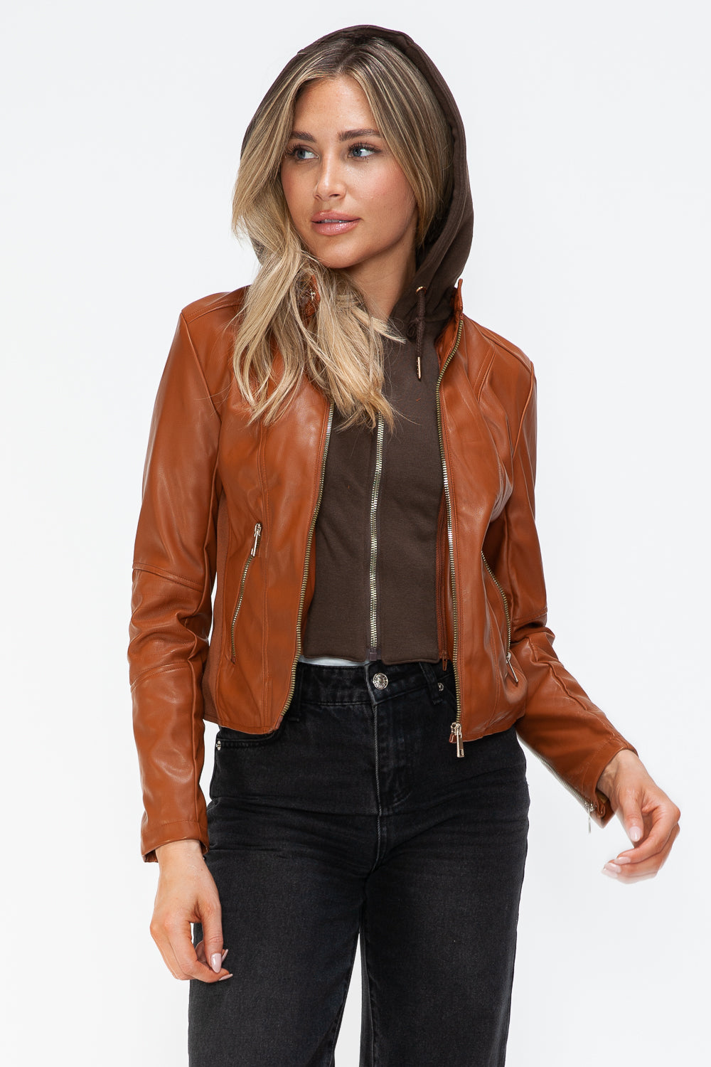 Snobbish Faux Leather Zip Up Drawstring Hooded Jacket - Teresa's Fashionista LLC