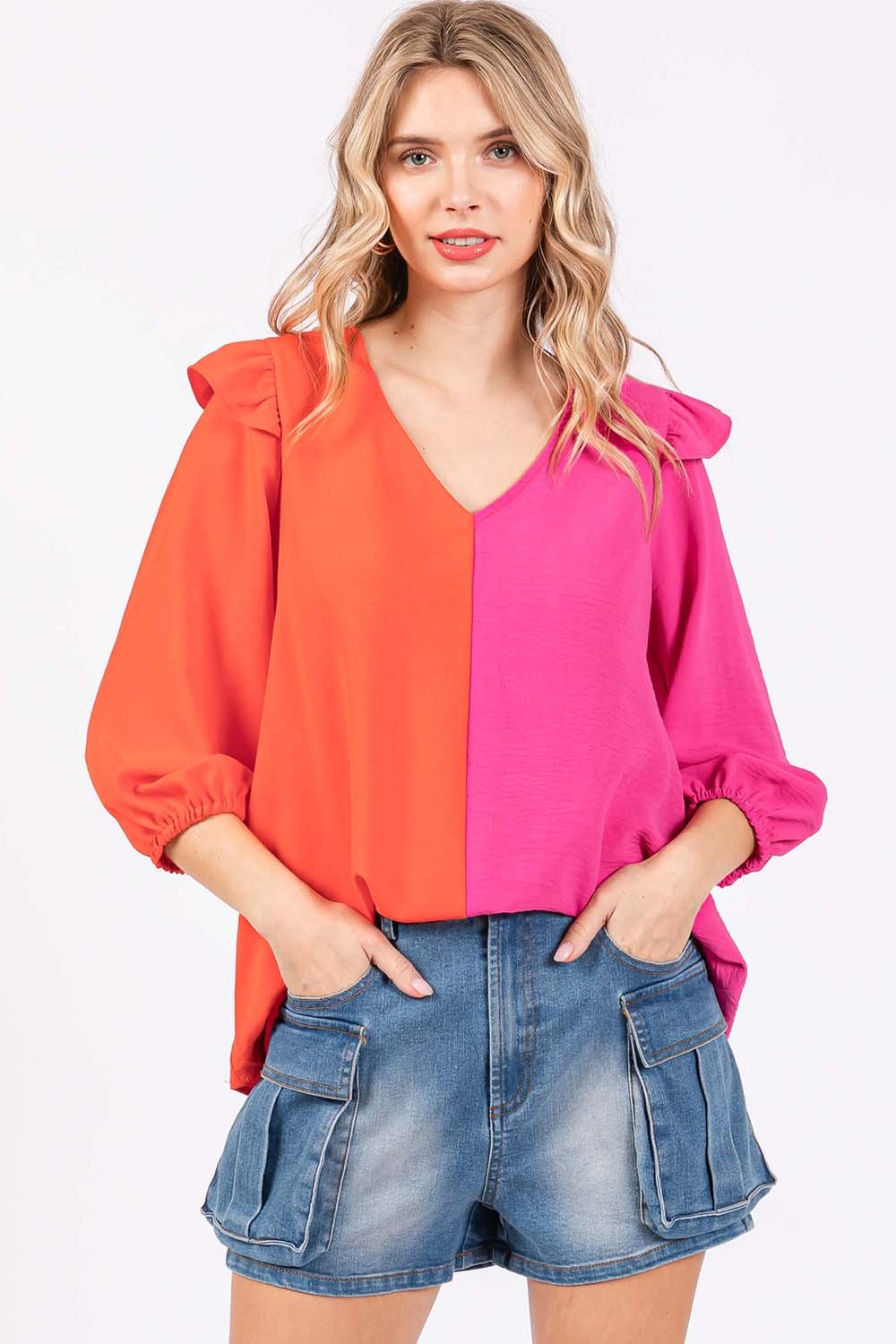 GeeGee Full Size Ruffle Trim Contrast Blouse-Teresa's Fashionista LLC