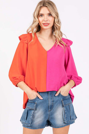 GeeGee Full Size Ruffle Trim Contrast Blouse-Teresa's Fashionista LLC