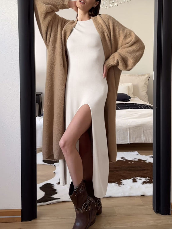 Side Slit Round Neck Long Sleeve Dress - Teresa's Fashionista LLC