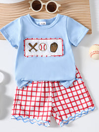 Children's Baseball Embroidered Top & Plaid Shorts Set