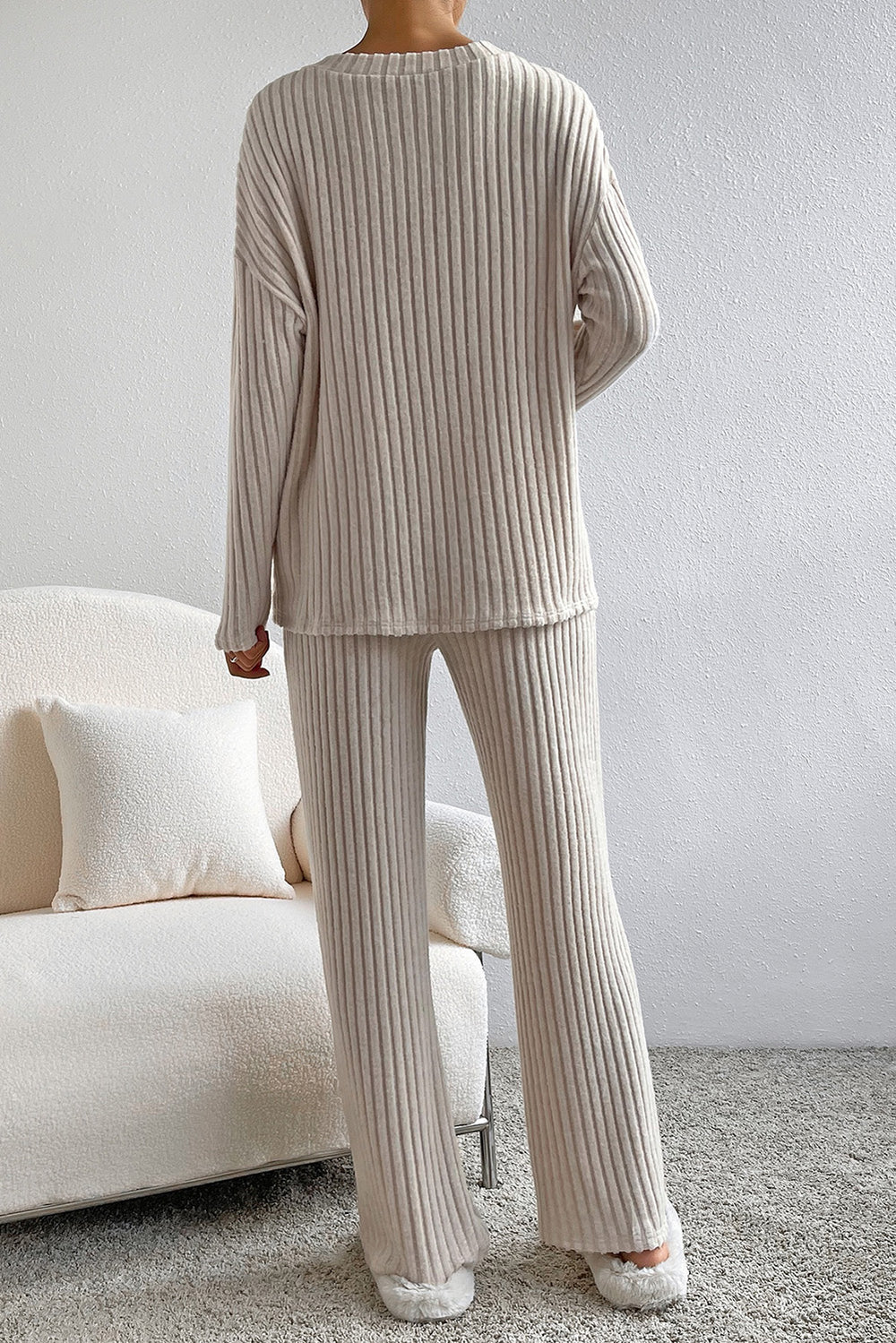 Plus Size Ribbed V-Neck Drop Shoulder Top and Pants Set-Teresa's Fashionista LLC