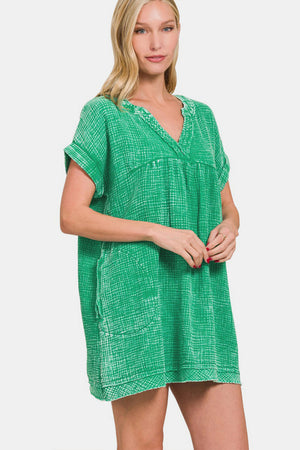 Zenana Washed Notched Short Sleeve Mini Dress-Teresa's Fashionista LLC