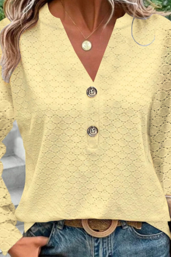 Eyelet Notched Long Sleeve T-Shirt-Teresa's Fashionista LLC