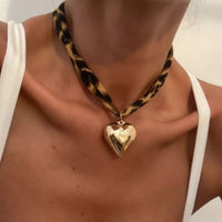 Leopard Print Choker with Golden Heart Pendant Necklace