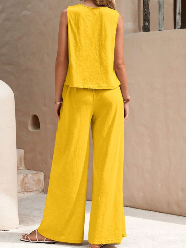 Round Neck Sleeveless Top and Wide Leg Pants Set-Teresa's Fashionista LLC