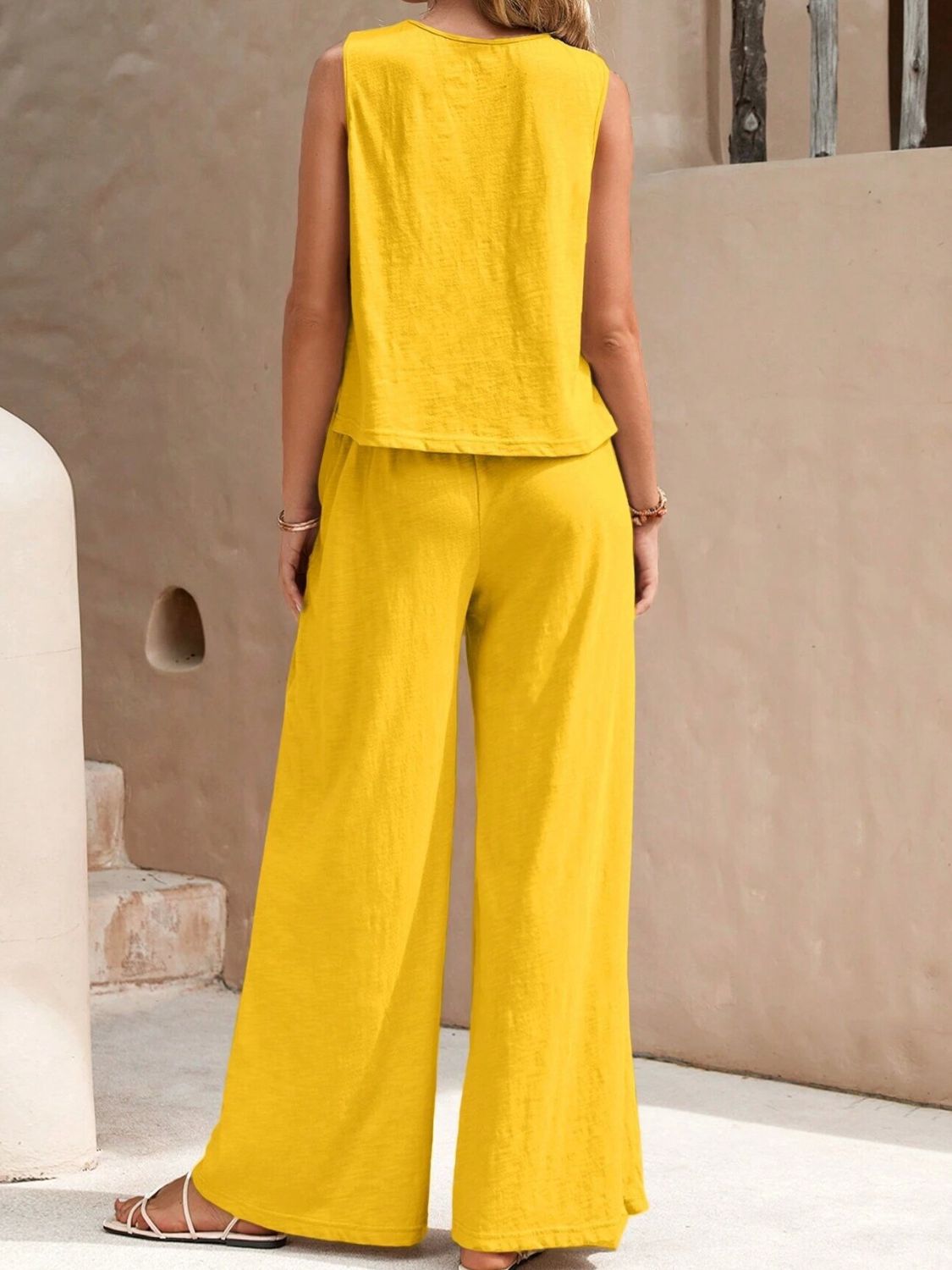 Round Neck Sleeveless Top and Wide Leg Pants Set-Teresa&#39;s Fashionista LLC