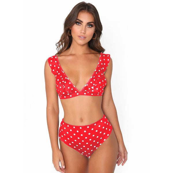 2pcs Black And White Polka Dot Print Swimsuit Sexy Ruffled Deep V-neck Bikini Set Summer Beach Womens Clothing - Teresa's Fashionista LLC