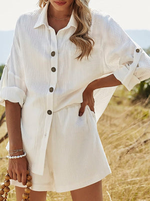 Texture Button Up Shirt and Shorts Set-Teresa's Fashionista LLC