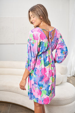 White Birch Full Size Printed V-Neck Tie Back Mini Dress-Teresa's Fashionista LLC