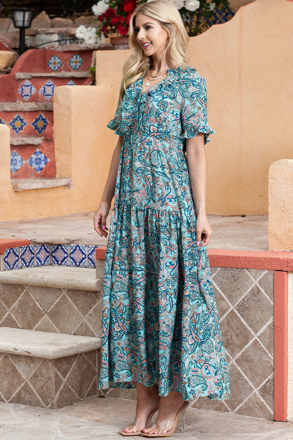 Paisley Print Flounce Sleeve Maxi Dress-Teresa's Fashionista LLC