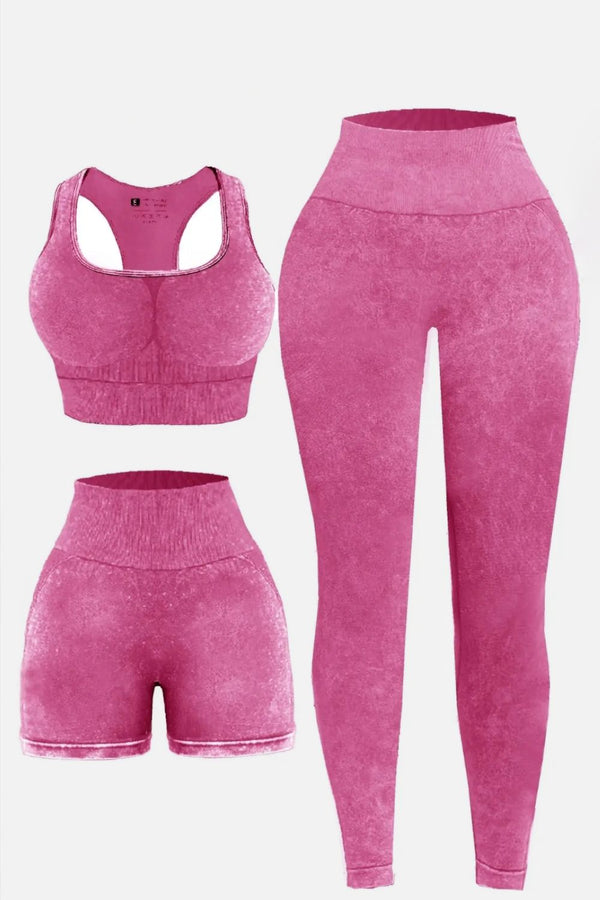 3 Piece Washed Square Neck Wide Strap Active Set-Teresa's Fashionista LLC
