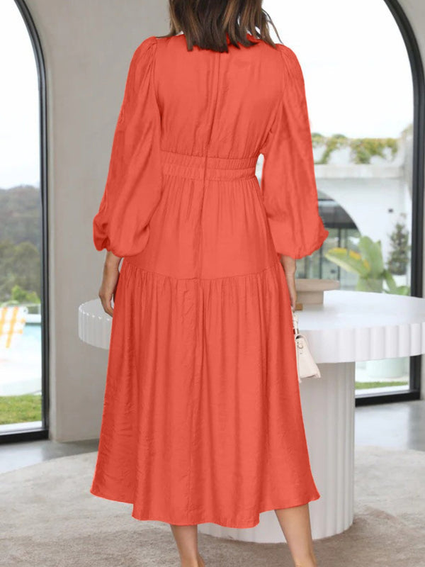 Deep V-Neck Balloon Sleeve Plain Maxi Dress-Teresa's Fashionista LLC