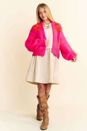 Davi & Dani Floral Applique Open Front Drop Shoulder Cardigan - Teresa's Fashionista LLC