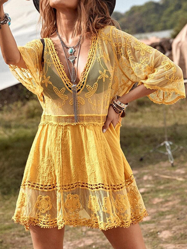 Lace Detail Plunge Cover-Up Dress-Teresa's Fashionista LLC