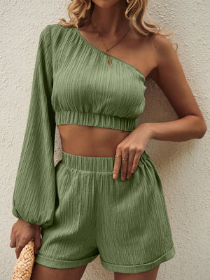 One Shoulder Long Sleeve Top and Shorts Set-Teresa's Fashionista LLC