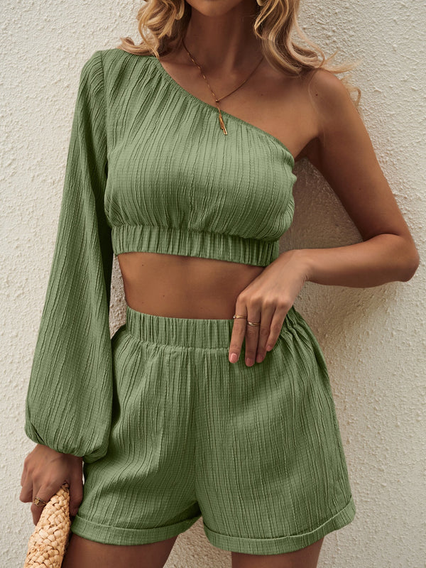 One Shoulder Long Sleeve Top and Shorts Set-Teresa's Fashionista LLC