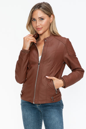 Snobbish Faux Leather Biker Jacket with Side Zip Pockets - Teresa's Fashionista LLC