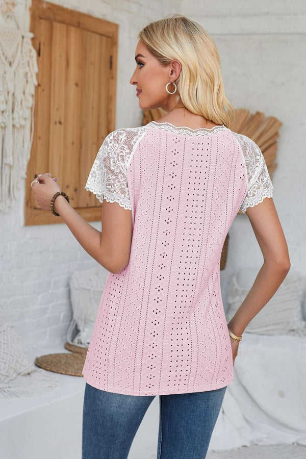 Eyelet V-Neck Lace Short Sleeve T-Shirt-Teresa's Fashionista LLC