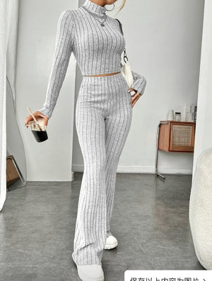 Long Sleeve Turtlenecks Wide Leg High Waist Trousers Suit - Teresa's Fashionista LLC