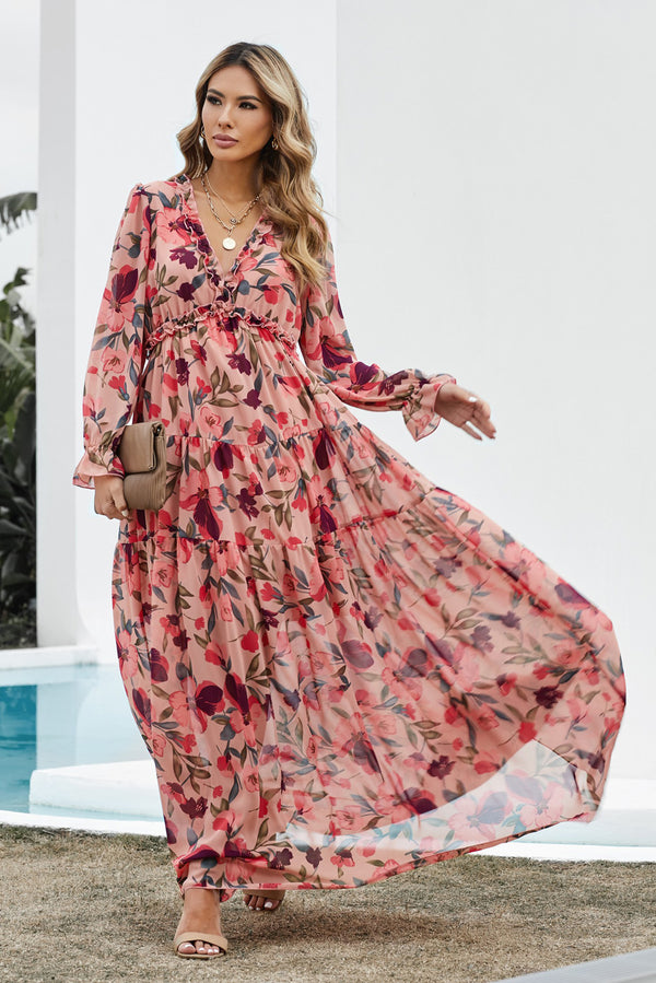 Floral Frill Trim Flounce Sleeve Plunge Maxi Dress-Teresa's Fashionista LLC
