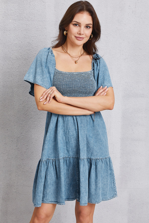 Smocked Square Neck Mini Denim Dress-Teresa's Fashionista LLC