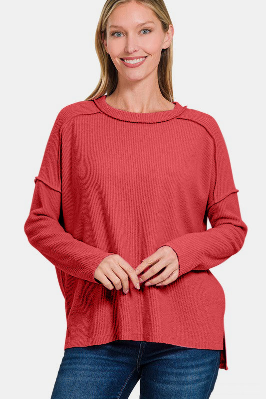 Zenana Full Size Exposed Seam Brushed Round Neck Sweater - Teresa's Fashionista LLC