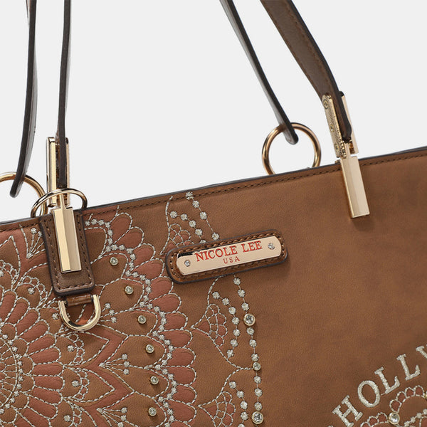 Nicole Lee USA Metallic Stitching Embroidery Inlaid Rhinestone Tote Bag-Teresa's Fashionista LLC