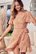 BiBi Floral Tied Short Sleeve Mini Wrap Dress-Teresa's Fashionista LLC
