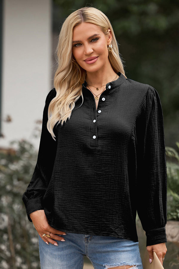 Half Button Puff Sleeve Blouse-Teresa's Fashionista LLC